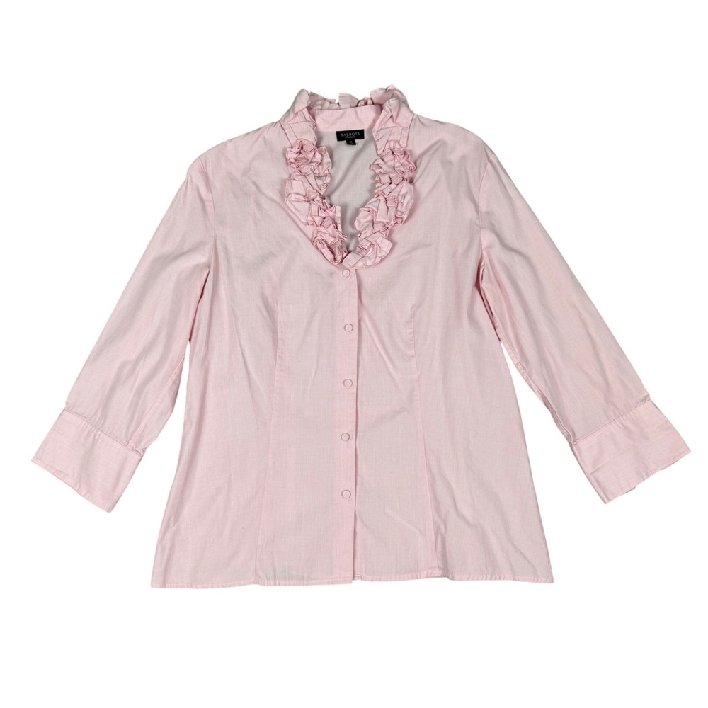 Talbots Pink Ruffle Neck Button Down Shirt Blouse Size 10 Cottagecore